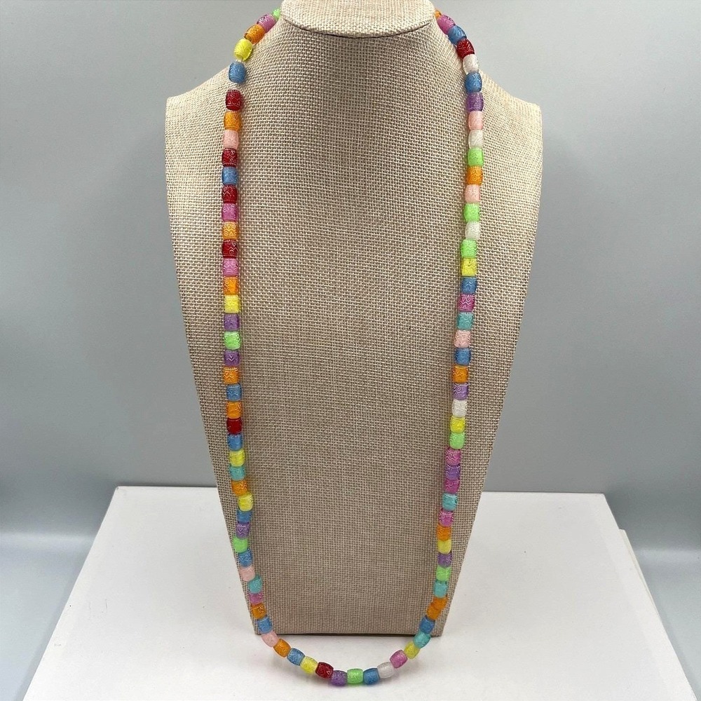 Vintage Multicolor Cube Bead Long Necklace‎ Rainbow Y2K Boho Layering Statement
